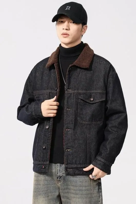 Stylish Faux Fur Collar Trucker Shearling Jacket