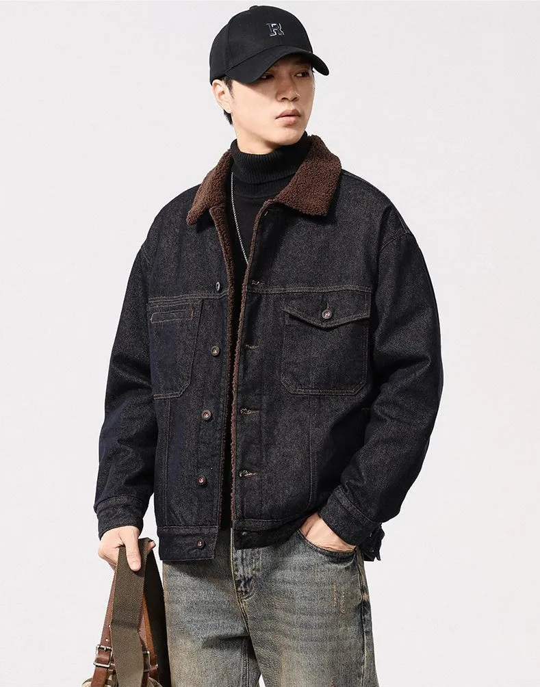 Stylish Faux Fur Collar Trucker Shearling Jacket
