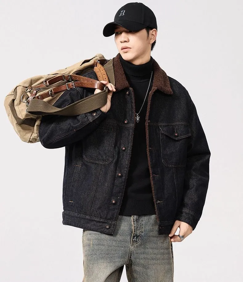 Stylish Faux Fur Collar Trucker Shearling Jacket