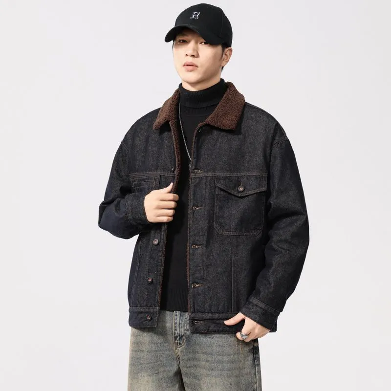 Stylish Faux Fur Collar Trucker Shearling Jacket