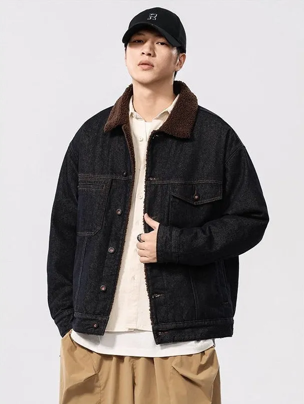 Stylish Faux Fur Collar Trucker Shearling Jacket