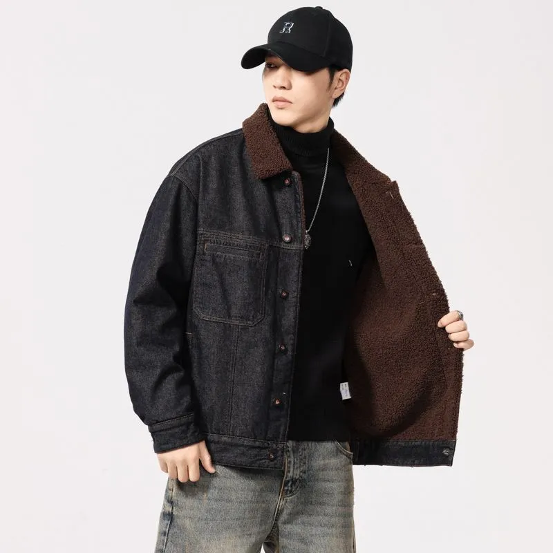 Stylish Faux Fur Collar Trucker Shearling Jacket