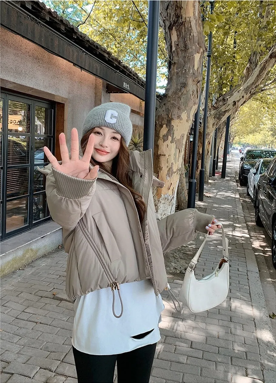 Stylish Hooded Cropped Puffer Jacket with Elastic Band Cuff