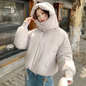 Stylish Hooded Cropped Puffer Jacket with Elastic Band Cuff