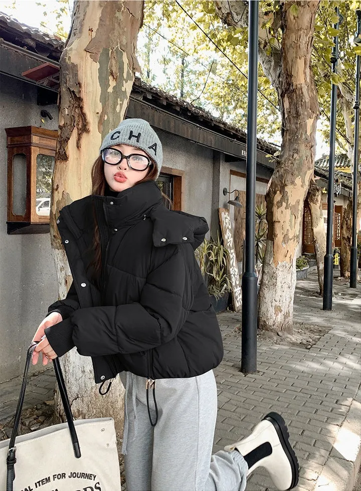 Stylish Hooded Cropped Puffer Jacket with Elastic Band Cuff
