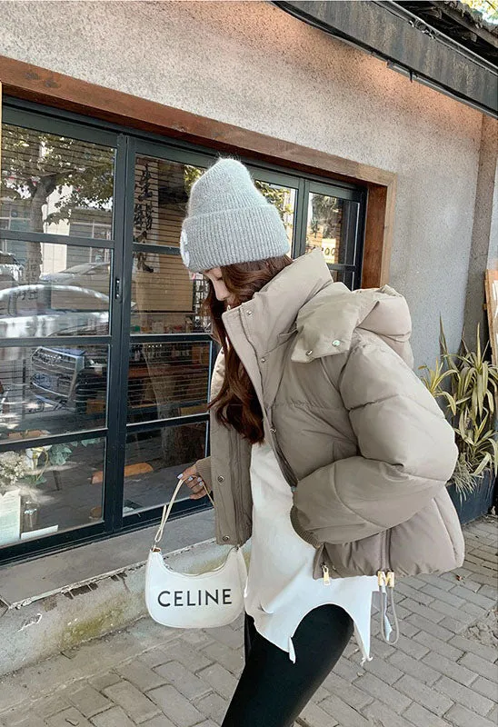 Stylish Hooded Cropped Puffer Jacket with Elastic Band Cuff