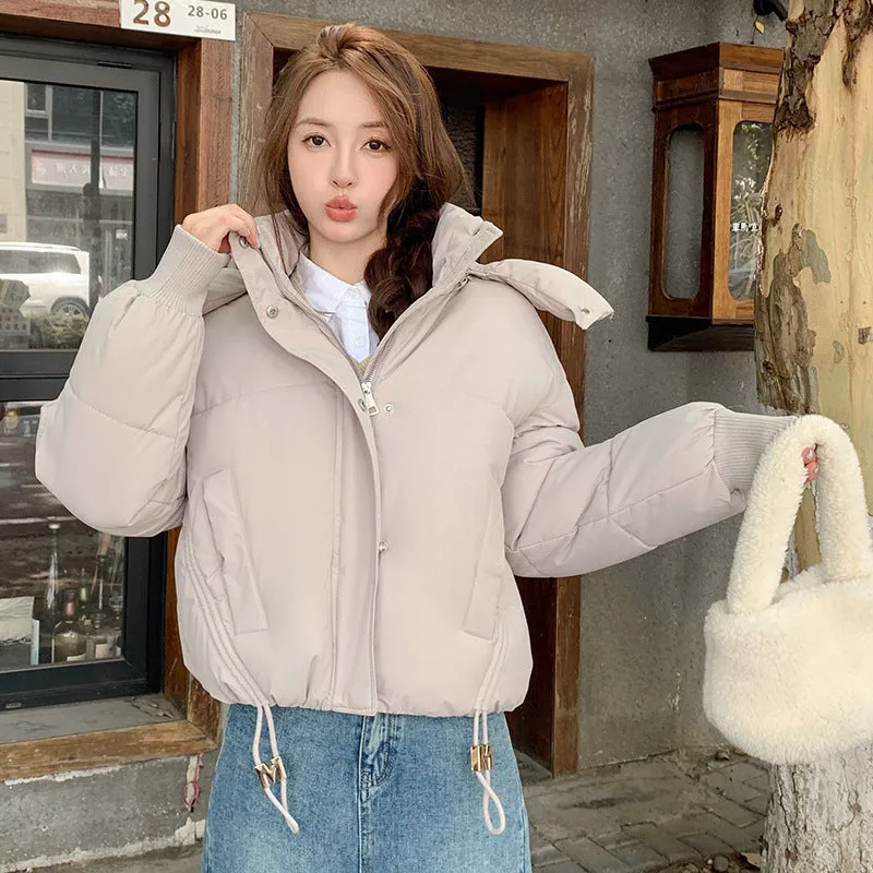 Stylish Hooded Cropped Puffer Jacket with Elastic Band Cuff