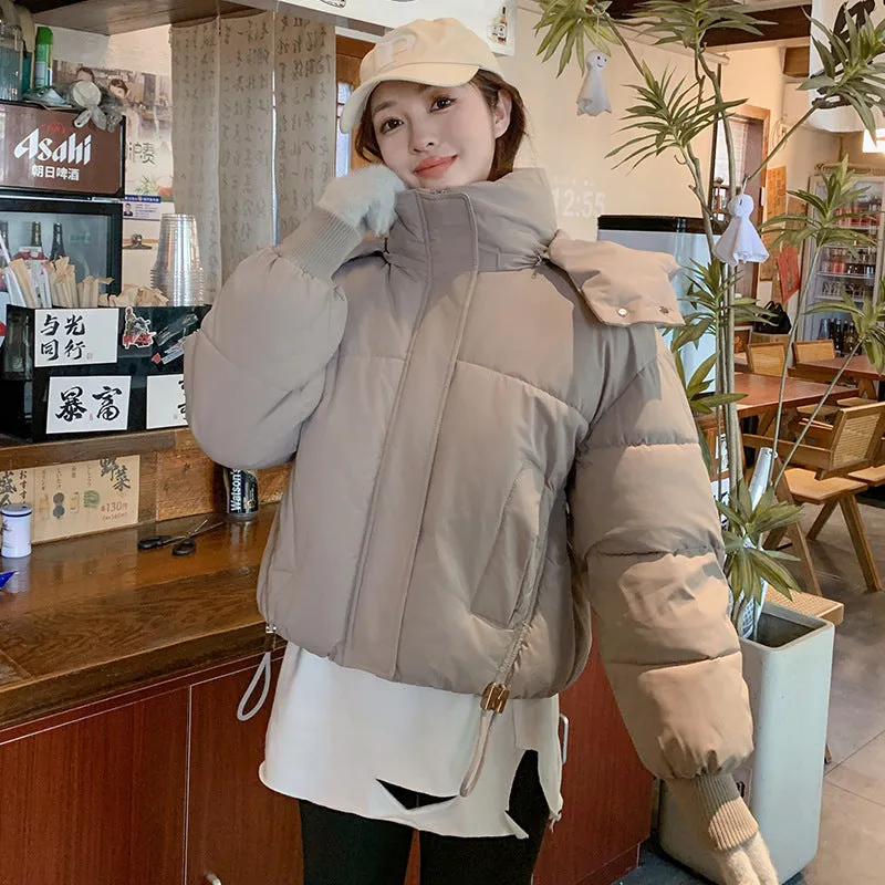 Stylish Hooded Cropped Puffer Jacket with Elastic Band Cuff