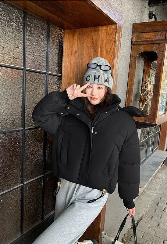 Stylish Hooded Cropped Puffer Jacket with Elastic Band Cuff
