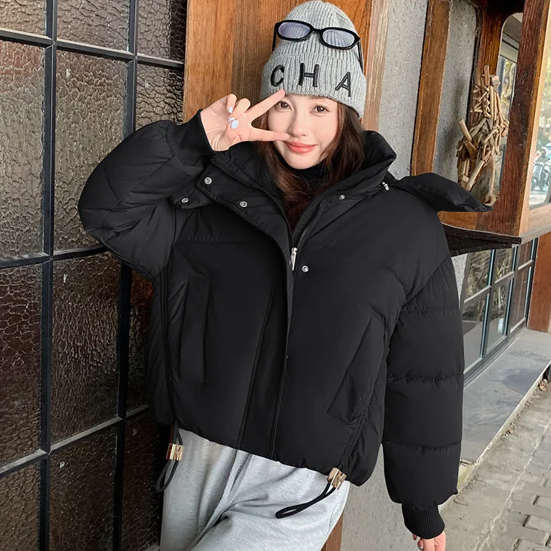 Stylish Hooded Cropped Puffer Jacket with Elastic Band Cuff