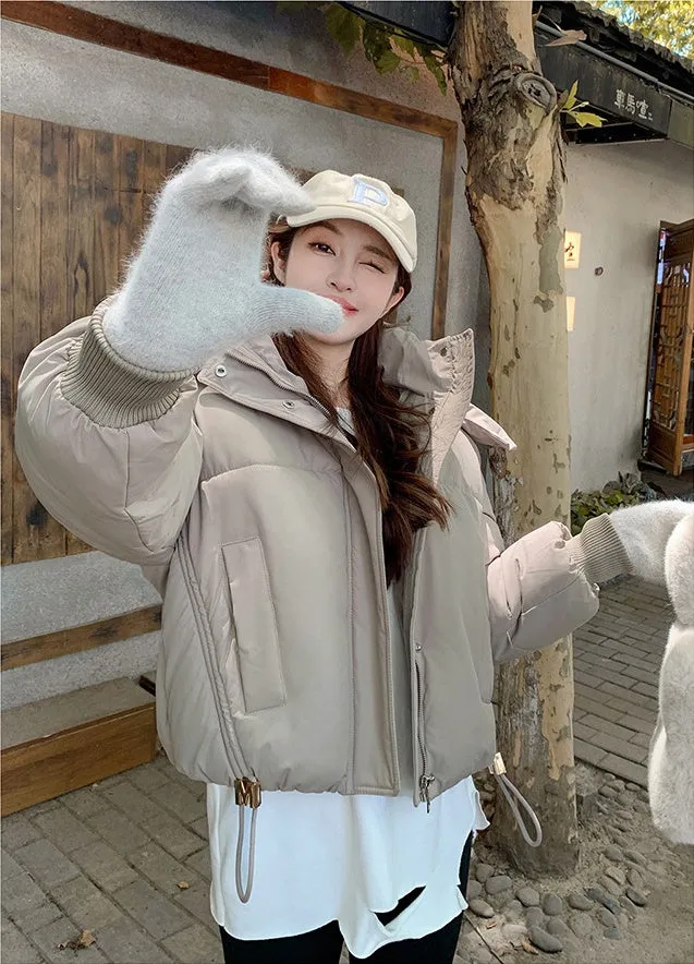 Stylish Hooded Cropped Puffer Jacket with Elastic Band Cuff