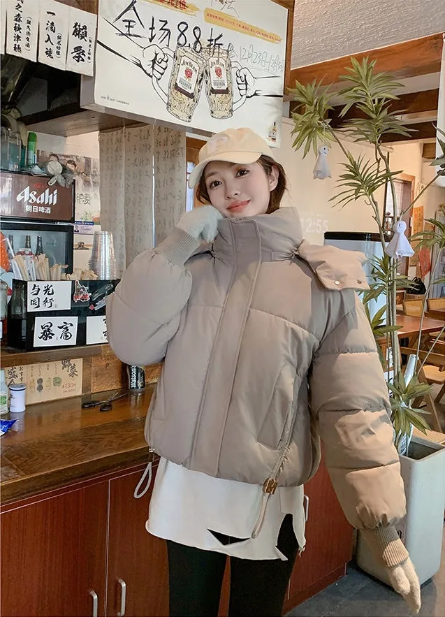 Stylish Hooded Cropped Puffer Jacket with Elastic Band Cuff