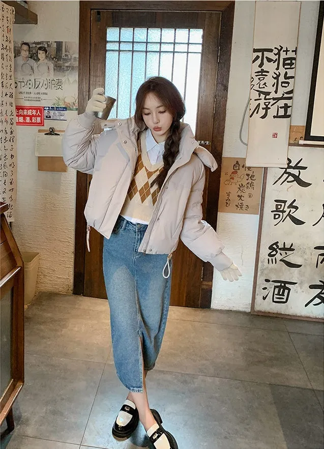 Stylish Hooded Cropped Puffer Jacket with Elastic Band Cuff