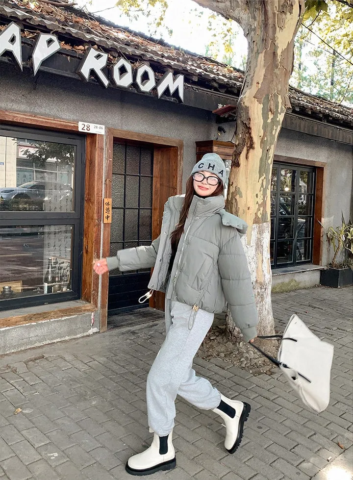 Stylish Hooded Cropped Puffer Jacket with Elastic Band Cuff