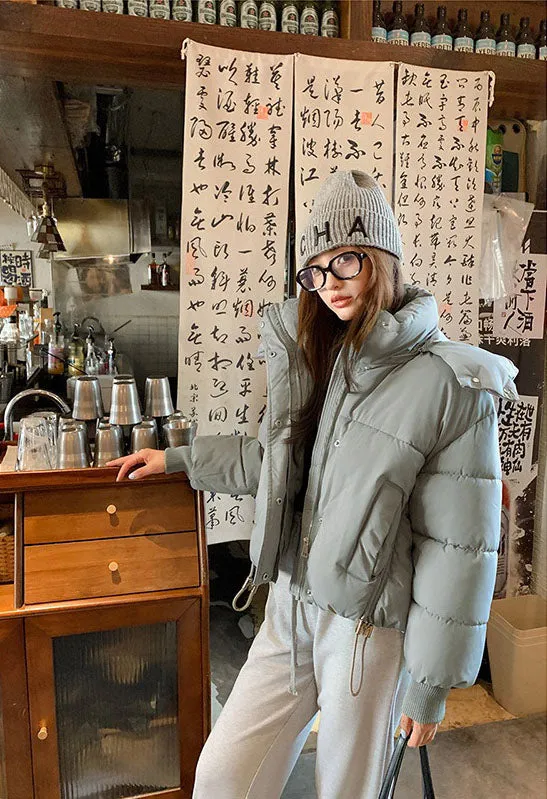 Stylish Hooded Cropped Puffer Jacket with Elastic Band Cuff