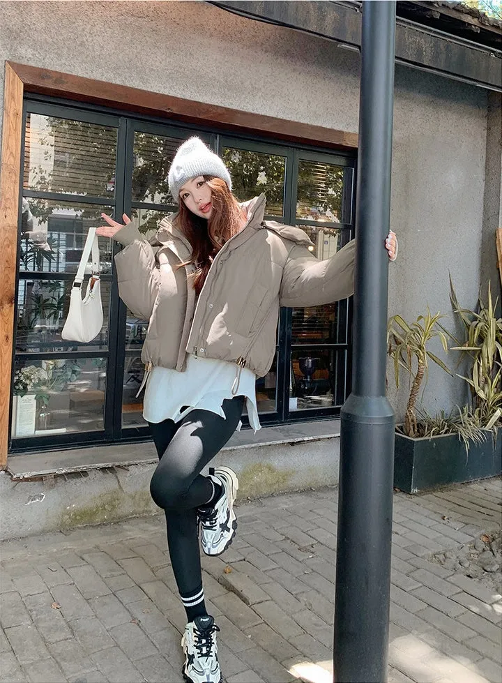 Stylish Hooded Cropped Puffer Jacket with Elastic Band Cuff