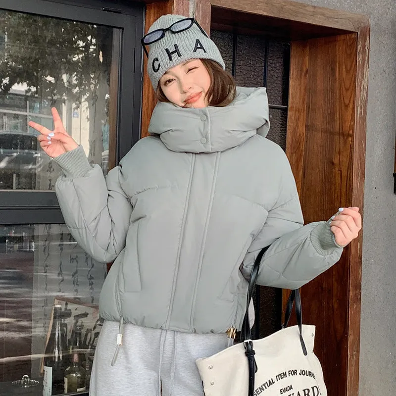 Stylish Hooded Cropped Puffer Jacket with Elastic Band Cuff
