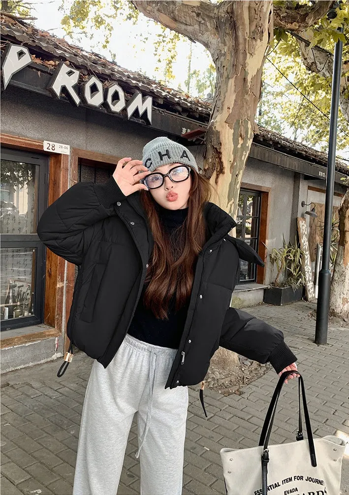 Stylish Hooded Cropped Puffer Jacket with Elastic Band Cuff
