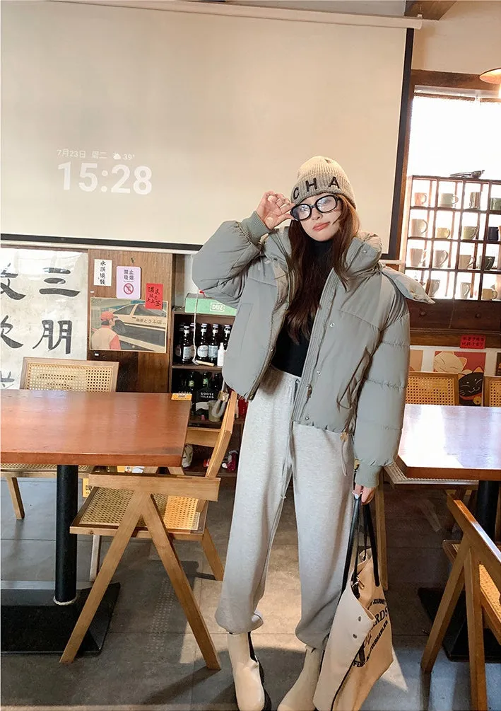 Stylish Hooded Cropped Puffer Jacket with Elastic Band Cuff