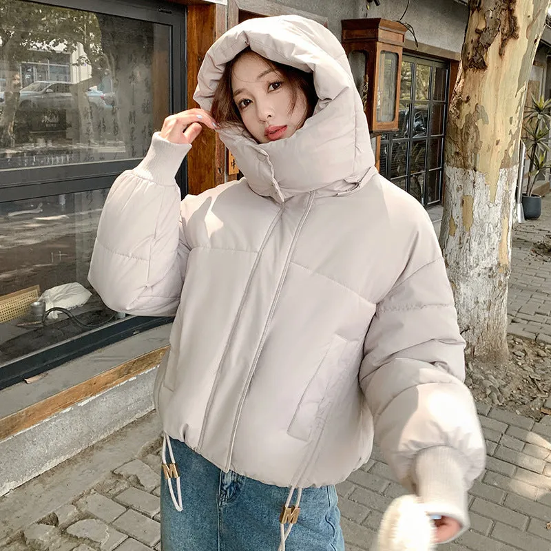 Stylish Hooded Cropped Puffer Jacket with Elastic Band Cuff