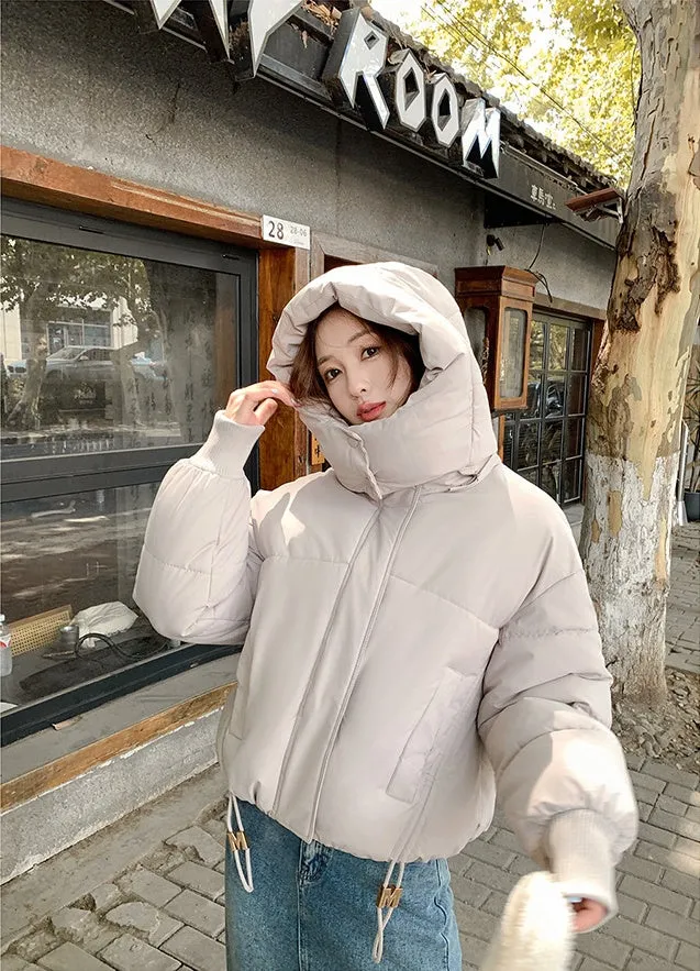 Stylish Hooded Cropped Puffer Jacket with Elastic Band Cuff