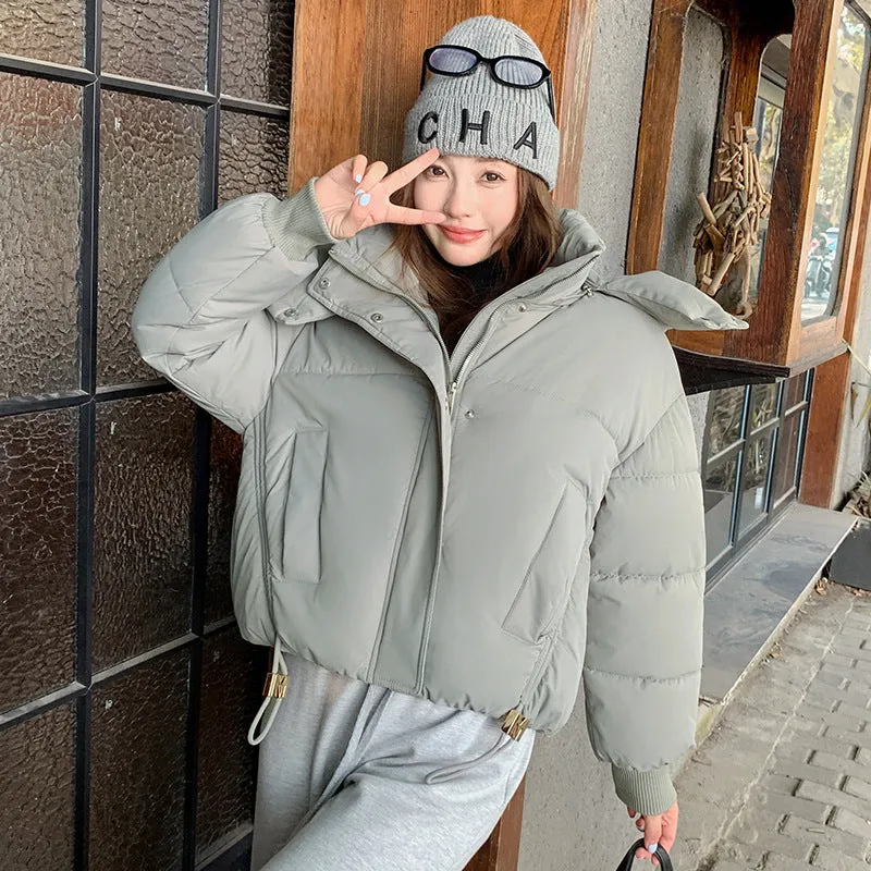 Stylish Hooded Cropped Puffer Jacket with Elastic Band Cuff
