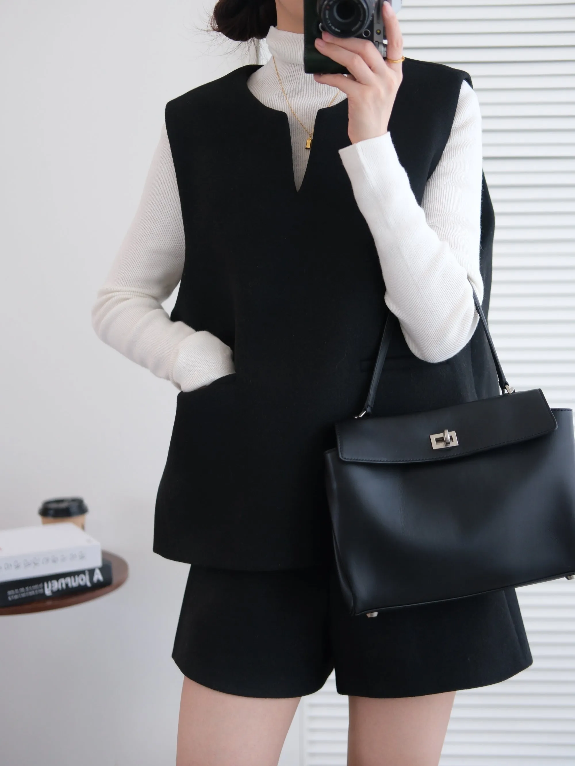 Tailored Wool Vest and A-Line Wide-Leg Shorts Set
