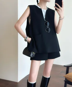 Tailored Wool Vest and A-Line Wide-Leg Shorts Set