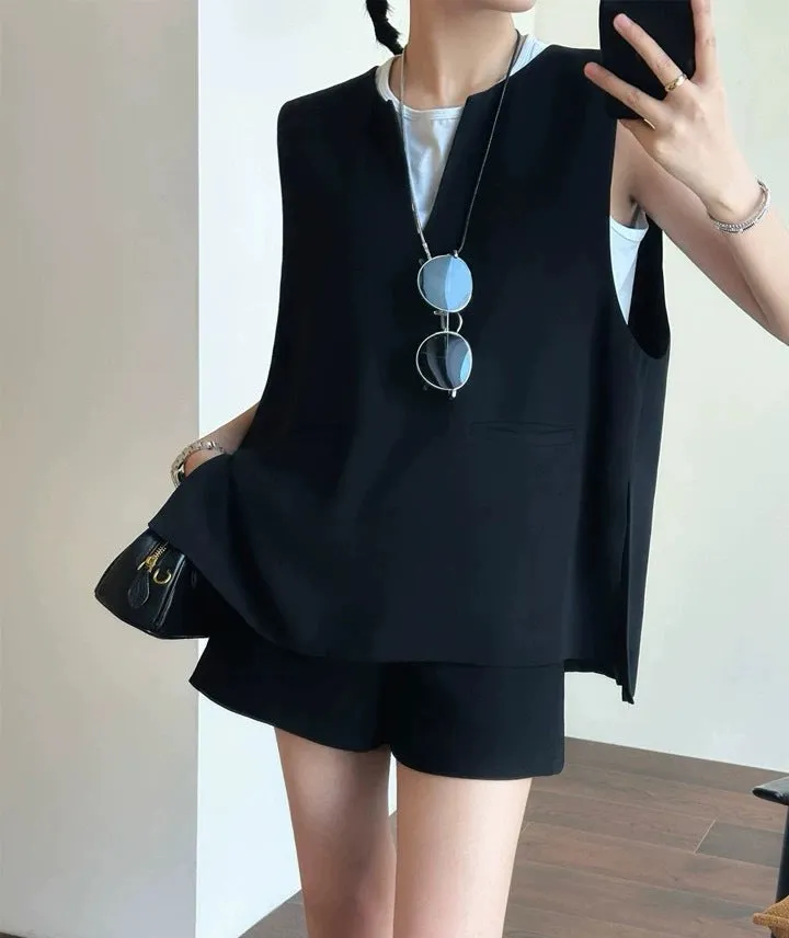 Tailored Wool Vest and A-Line Wide-Leg Shorts Set