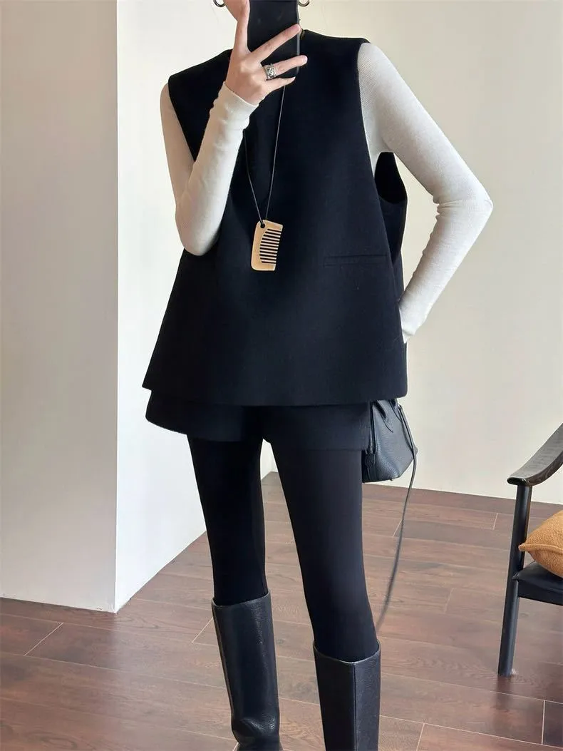 Tailored Wool Vest and A-Line Wide-Leg Shorts Set