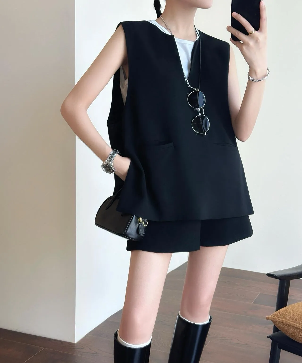 Tailored Wool Vest and A-Line Wide-Leg Shorts Set