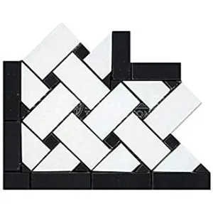 Thassos White Greek Marble Basketweave Border Corner Tile with Black Marble Dots, Polished