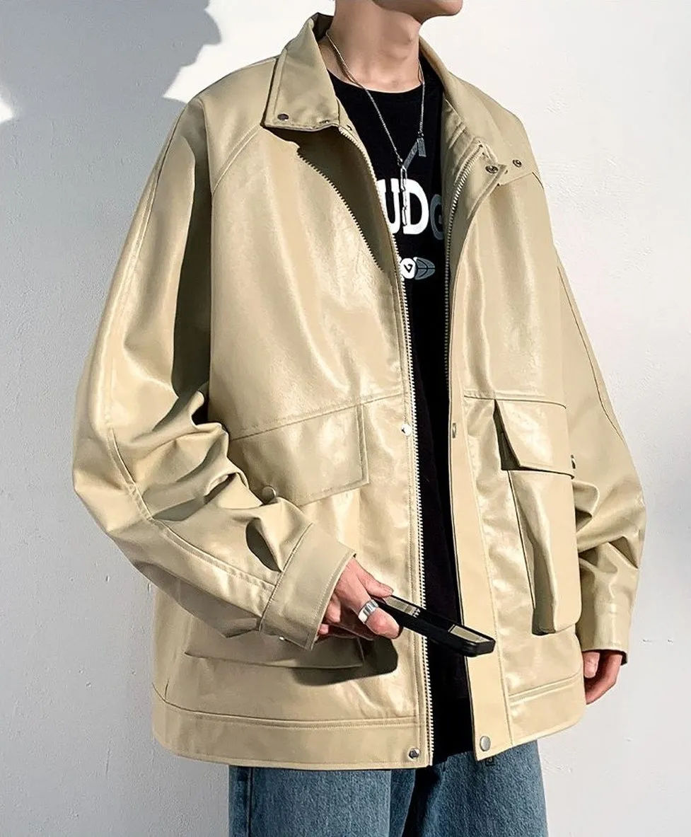 Trendy Waterproof Trucker PU Jacket with Flap Pocket
