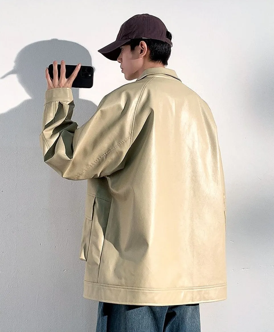 Trendy Waterproof Trucker PU Jacket with Flap Pocket