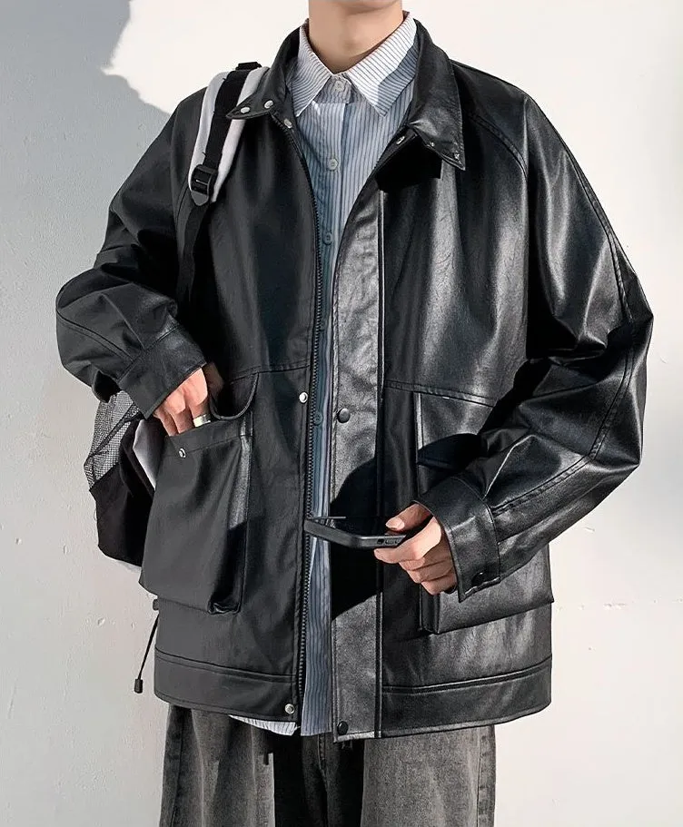 Trendy Waterproof Trucker PU Jacket with Flap Pocket