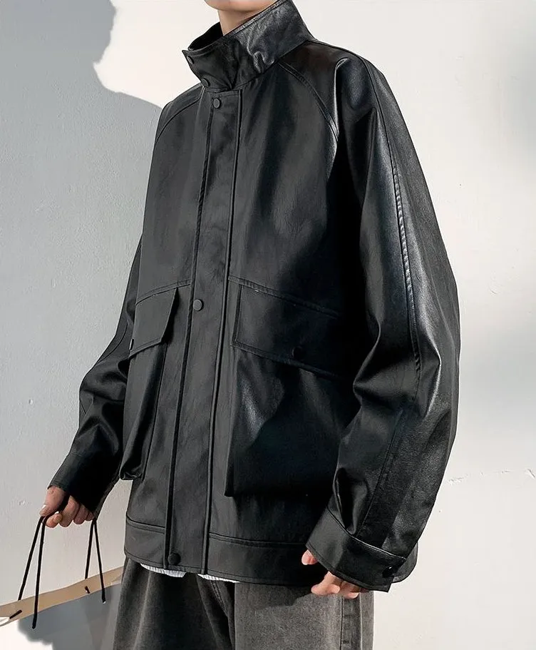 Trendy Waterproof Trucker PU Jacket with Flap Pocket