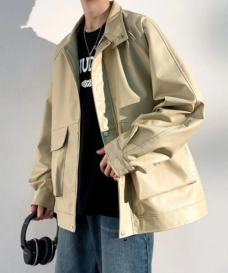 Trendy Waterproof Trucker PU Jacket with Flap Pocket