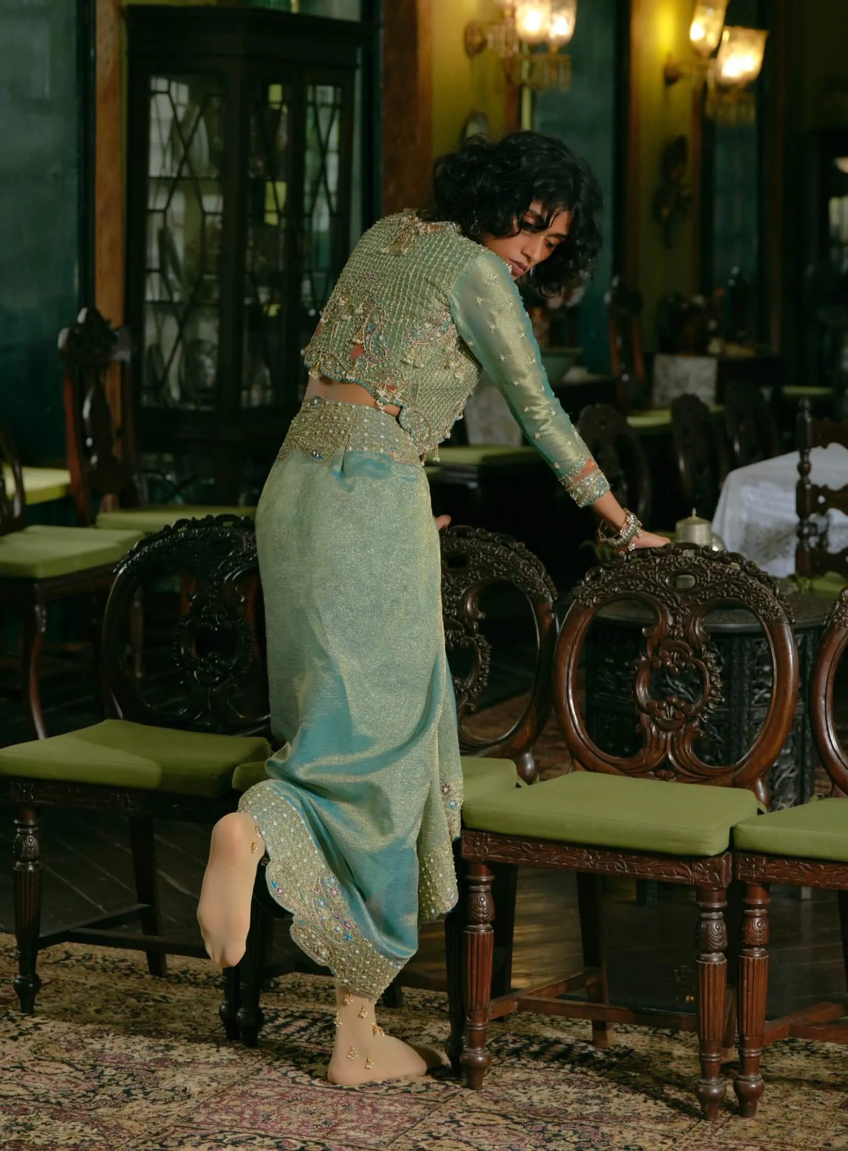 Turquoise silk draped skirt and jacket set