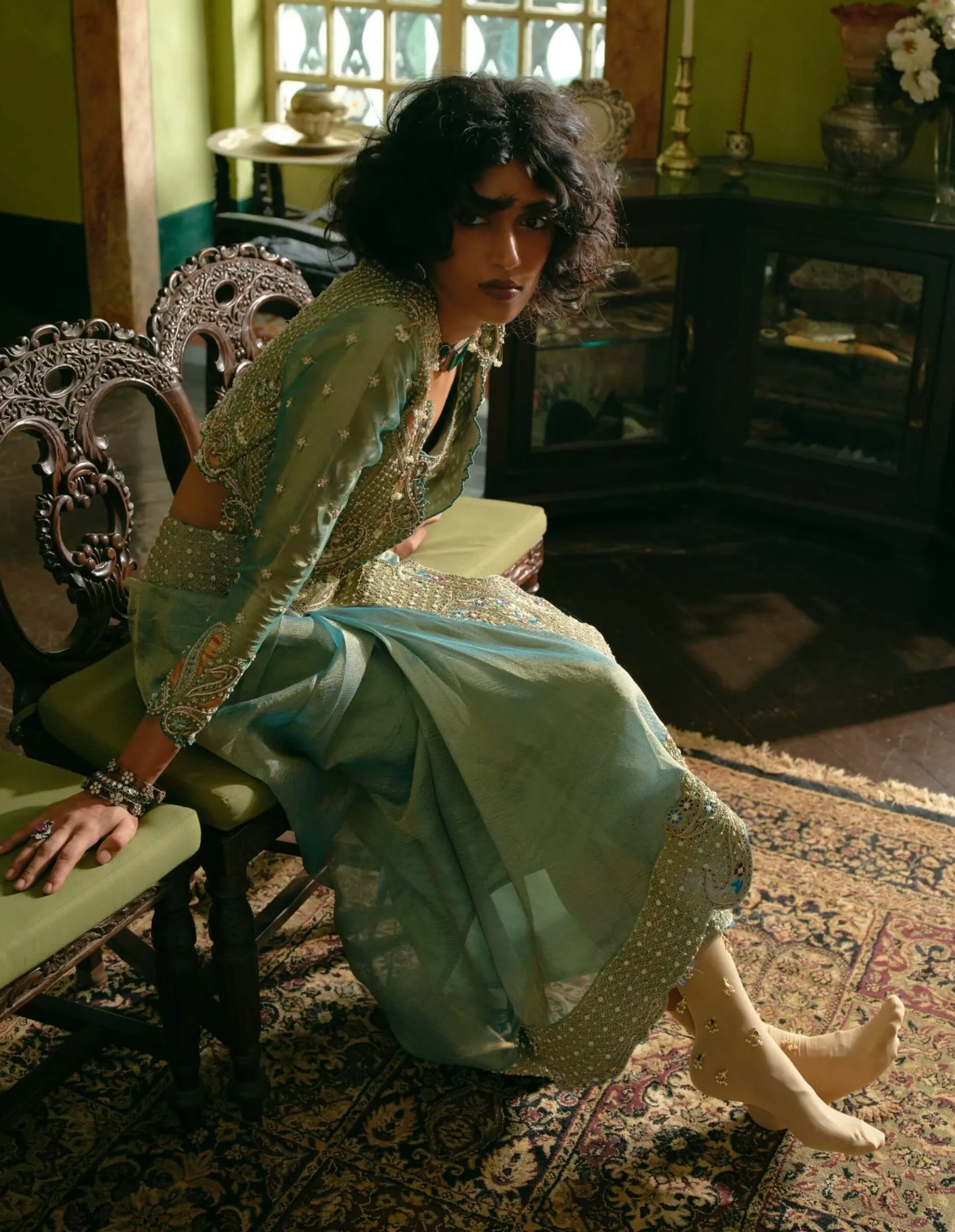 Turquoise silk draped skirt and jacket set