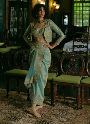 Turquoise silk draped skirt and jacket set
