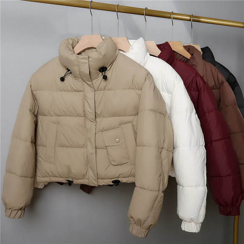 Water-resistant Solid Color Quilted Puffer Jacket for Women with Elastic Band Cuff