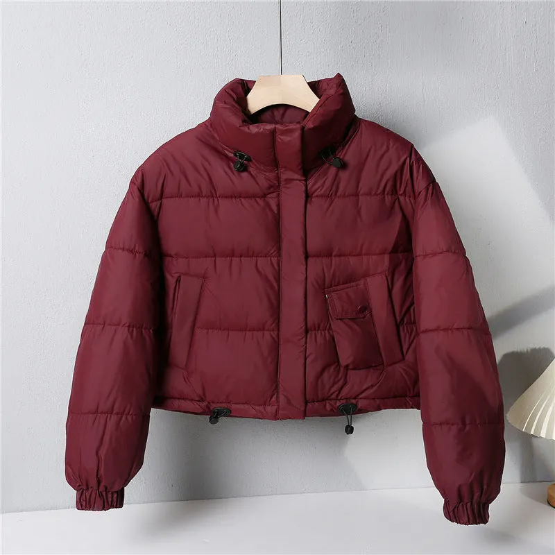Water-resistant Solid Color Quilted Puffer Jacket for Women with Elastic Band Cuff