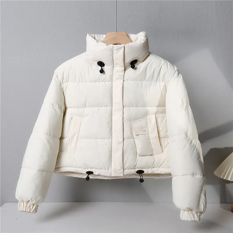 Water-resistant Solid Color Quilted Puffer Jacket for Women with Elastic Band Cuff