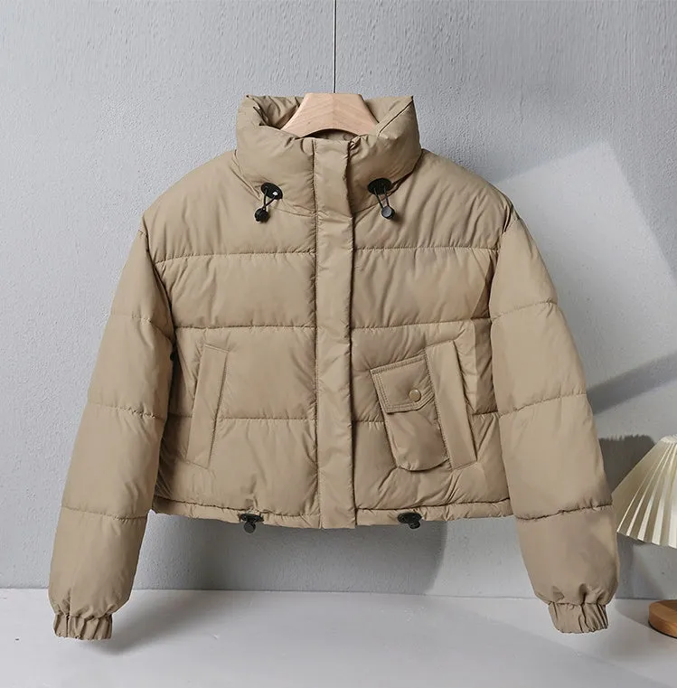 Water-resistant Solid Color Quilted Puffer Jacket for Women with Elastic Band Cuff