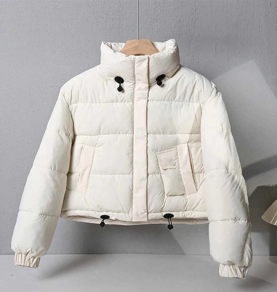 Water-resistant Solid Color Quilted Puffer Jacket for Women with Elastic Band Cuff