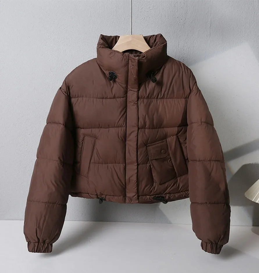 Water-resistant Solid Color Quilted Puffer Jacket for Women with Elastic Band Cuff