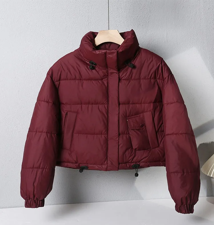 Water-resistant Solid Color Quilted Puffer Jacket for Women with Elastic Band Cuff
