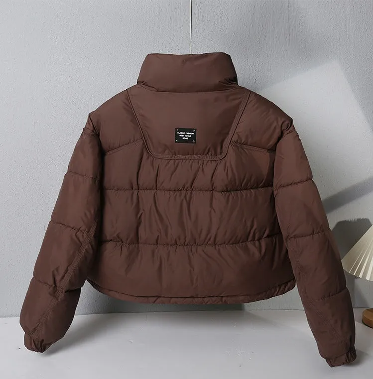 Water-resistant Solid Color Quilted Puffer Jacket for Women with Elastic Band Cuff