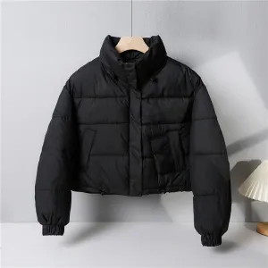 Water-resistant Solid Color Quilted Puffer Jacket for Women with Elastic Band Cuff