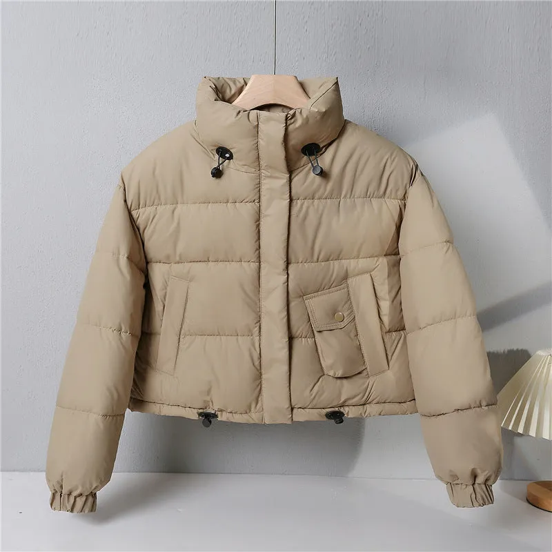 Water-resistant Solid Color Quilted Puffer Jacket for Women with Elastic Band Cuff